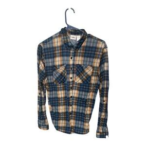 Daytrip Blue Brown Plaid Flannel Button Up Shirt S Small Roll Tab Long Sleeve